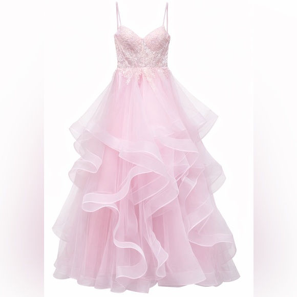 Pink Tulle Prom Dress Princess Spaghetti Strap Sequin Applique Formal Party Gown